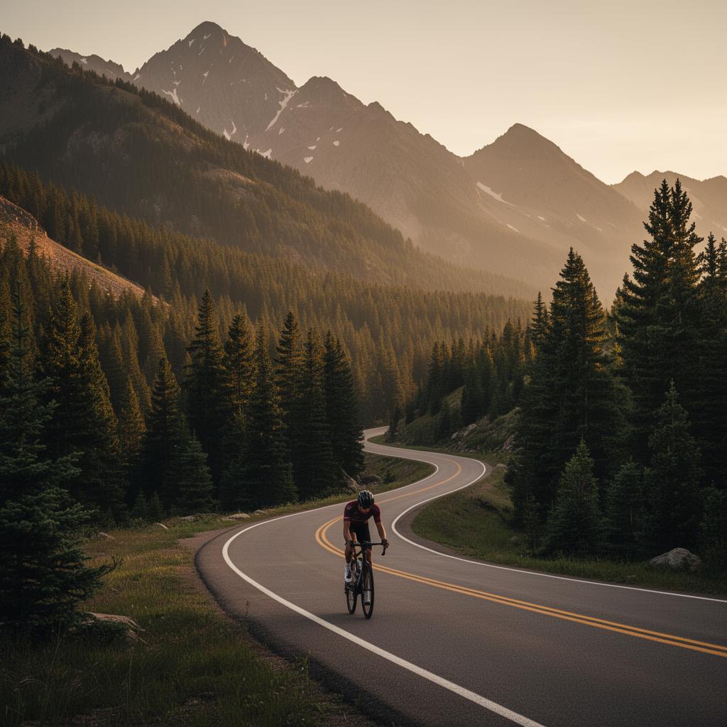 Cyclist climbing in the Rocky Mountain foothills
