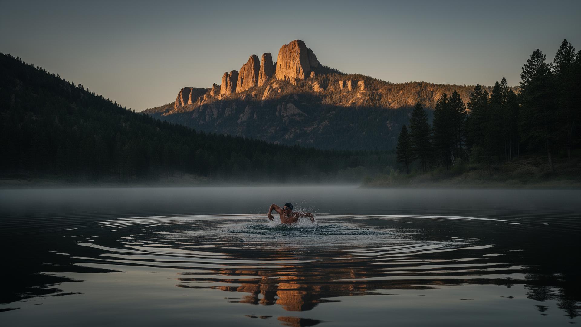 Open-water swimmer at sunrise on Boulder Reservoir with the Flatirons behind